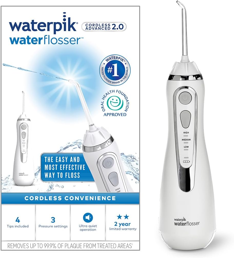 Waterpik Cordless Advanced Water Flosser, 3 Pressure Settings, Dental Plaque Removal Tool, Ideal for Travel or Small Bathrooms, USB Charger, White, WP-580UK Waterpik Cordless Advanced Water Flosser, 3 Pressure Settings, Dental Plaque Removal Tool, Ideal for Travel or Small Bathrooms, USB Charger, White, WP-580UK